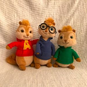 Chipmunks- Alvin, Simon, Theodore stuffed animals.